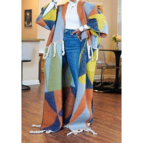 Women Long Open Front Sweater Cardigan Fringe Color Block Maxi Plus Size - Picture 5 of 6